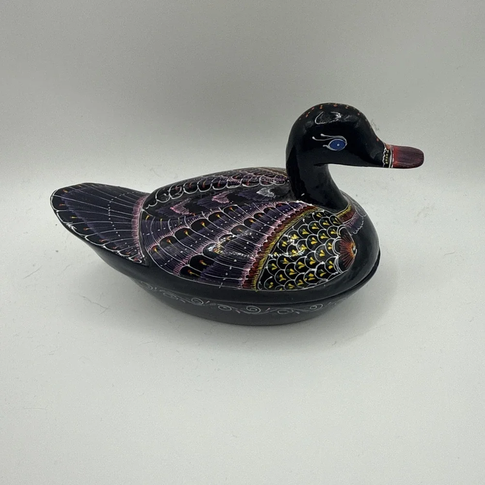 Black Lacquer Wooden Duck Trinket Box Hand Painted Thailand 5